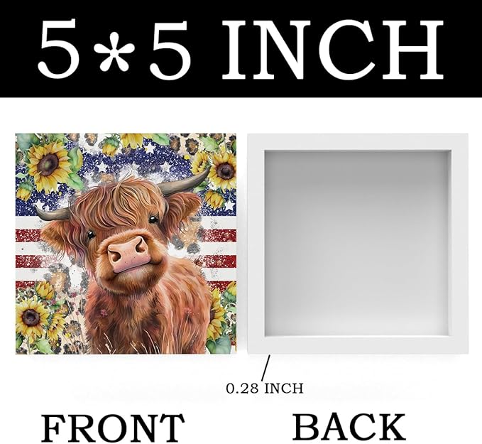 Cute Highland Cow Patriotic Baby Decor, Highland Cow Sunflower Decor, Wooden Box Decor Sign for Home Farmhouse Office Living Room Table Shelf-Ruum Studio Home