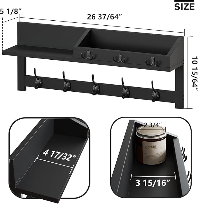 AMBIRD Wall Hooks with Shelf 26.57inch Entryway Wall Hanging Shelf Wood Coat Hooks for Wall Coat Rack Wall Mount Rack with 5 Dual Hooks 3 Key Hooks Mail Organizer and Key Rack Key Holder (Black)-Ruum Studio Home