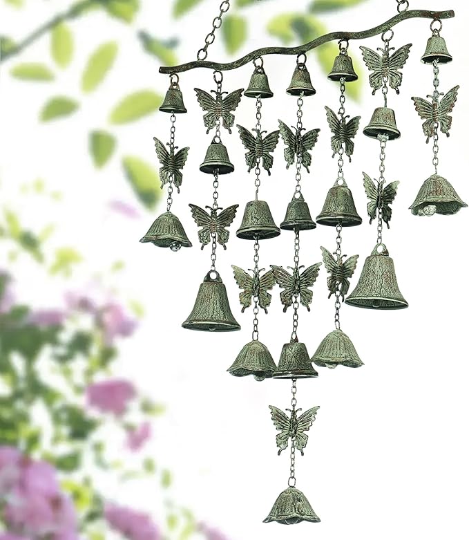 Butterfly Wind Chimes for Outside, Large Strung Verdigris Windchimes with Wrought Iron Bell for Garden, Patio, Porch Outdoor Decor, Memorial Sympathy-Ruum Studio Home