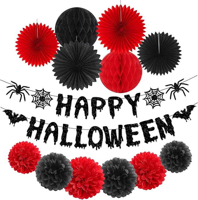 Red Black Happy-Halloween Party Decorations - 13PCS Spider Web Bats Streamers Banner ,Paper Flowers Lanterns Tissue Pom Poms Fans, Classroom Birthday Bachelorette Hanging Supplies Decor Hugfond-Ruum Studio Home