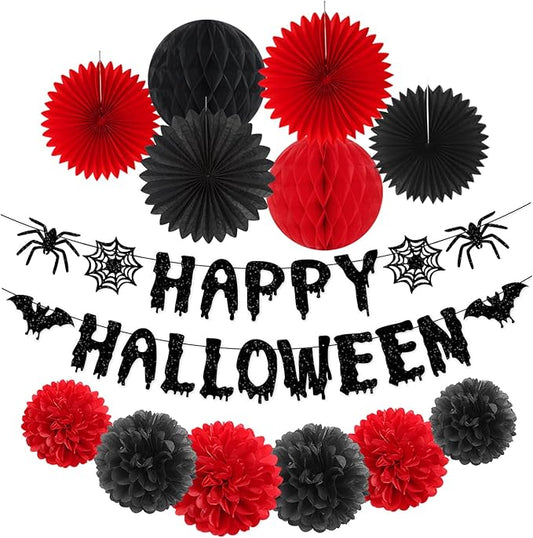 Red Black Happy-Halloween Party Decorations - 13PCS Spider Web Bats Streamers Banner ,Paper Flowers Lanterns Tissue Pom Poms Fans, Classroom Birthday Bachelorette Hanging Supplies Decor Hugfond-Ruum Studio Home