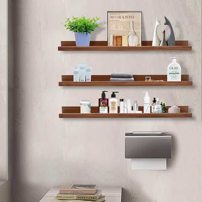 AZSKY 36 Inch Floating Book Shelves Rustic Wood Wall Picture Ledge Shelf for Storage Light Walnut Wall Mounted Picture Photo Display Shelf a Set of 3 Hanging Book Shelf-Ruum Studio Home