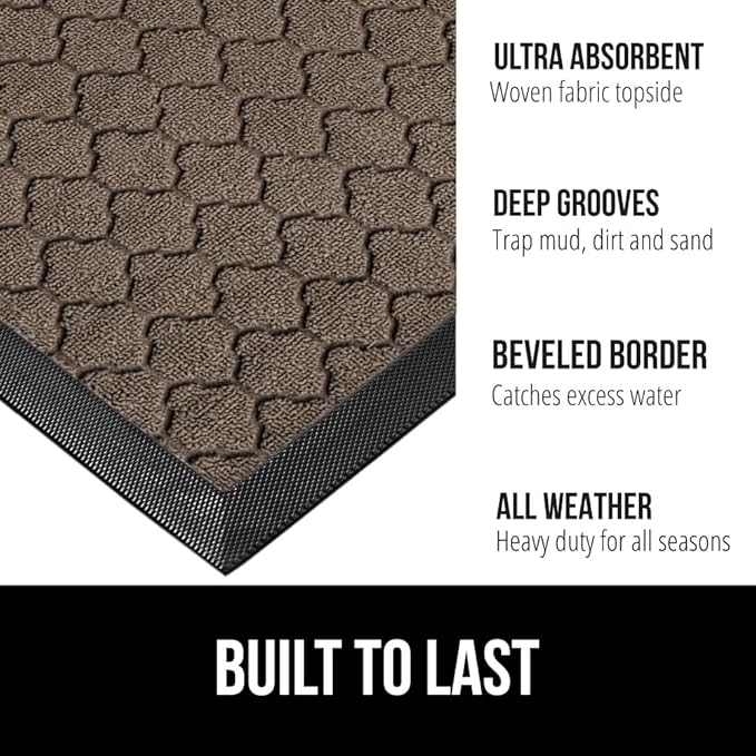 GORILLA GRIP 100% Waterproof All-Season WeatherMax Doormat 35x23, US Designed Natural Rubber, Stain and Fade Resistant, Low Profile Indoor Outdoor Door Mats, Easy Clean Patio Mat, Latte Quatrefoil-Ruum Studio Home