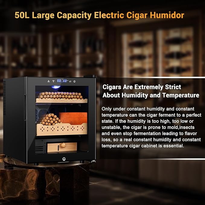 Electric Humidor for Cigars, 50L 300 Counts Large Capacity,Thermostatic Desktop Electric Cooler Cabinet with Digital LED Screen, Safety Lock,Smart Humidity & Temp Control, Gifts for Men-Ruum Studio Home