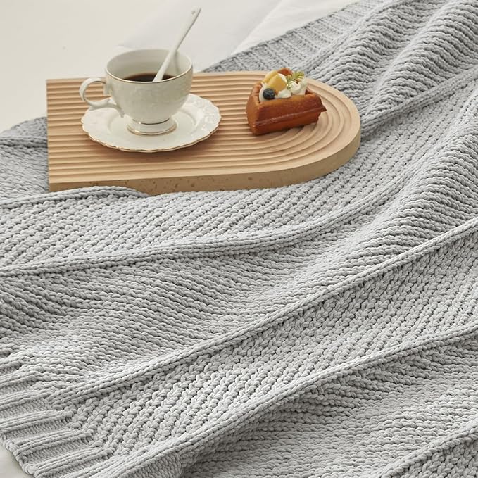 Amélie Home Chenille Knit Throw Blanket for Couch, Chevron Texture Decorative Soft Blanket for Sofa, Bed & Chair, 50"x60", Light Grey-Ruum Studio Home