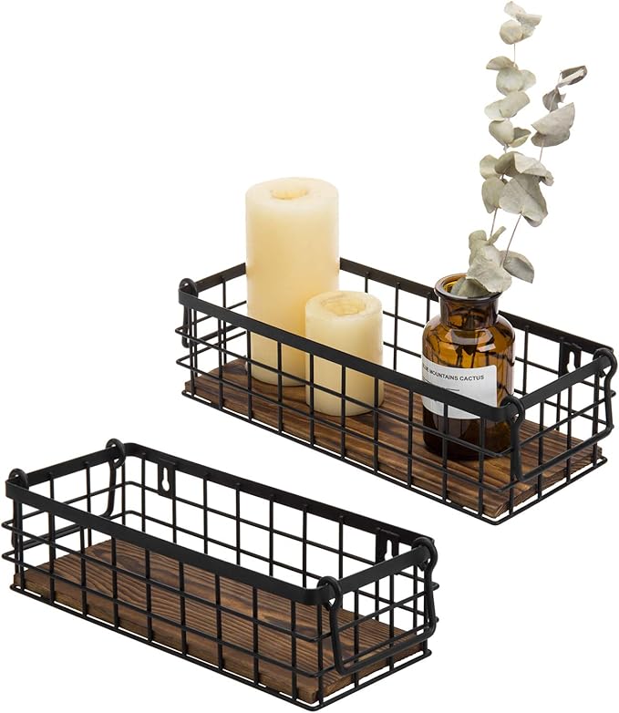 MyGift Set of 2 Wire Baskets for Pantry, Wall Mounted or Tabletop Black Metal Baskets for Organizing with Burnt Wood Base and Handles-Ruum Studio Home