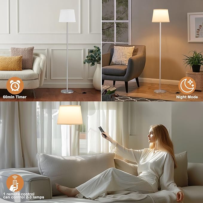 【Upgraded】Floor Lamps for Living Room, Modern Floor Lamp with Remote Control, Dimmable Colors Temperature Standing Lamp Foot Switch, 9W Bulb Tall Lamps for Bedroom Office Kid Room - Silver-Ruum Studio Home