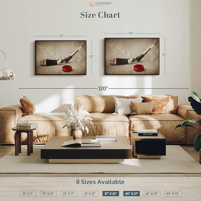 Elephant Stock Vintage Ice Hockey Wall Art - Horizontal Framed Canvas - 1-Piece Hallway Wall Decor - Photography Sports Canvas Print - Brown and Beige Decor for Wall - 40" X 27"-Ruum Studio Home