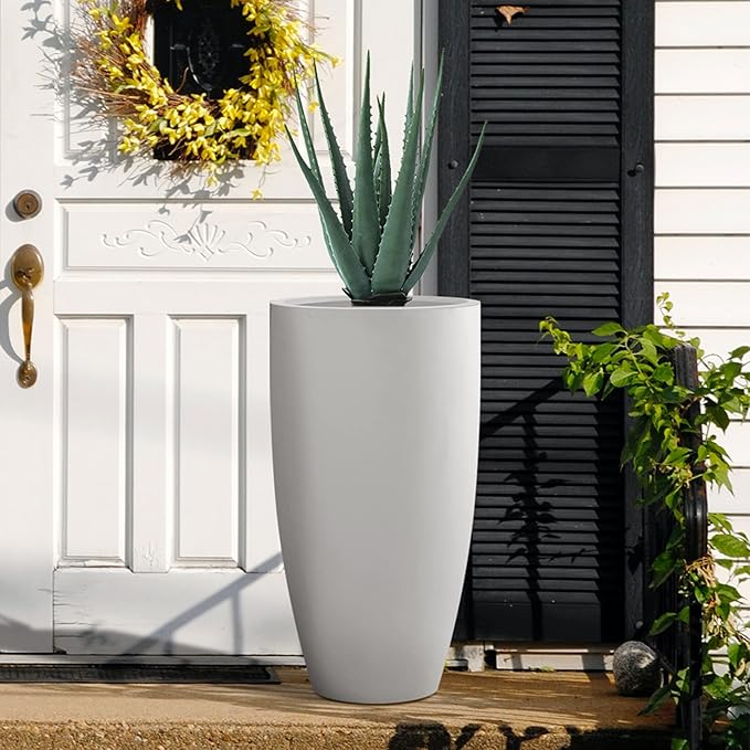 Kante 23.6" H Pure White Finish Concrete Tall Planters Large Outdoor Indoor Decorative Plant Pots with Drainage Hole and Rubber Plug, Modern Tapered Style for Home and Garden-Ruum Studio Home