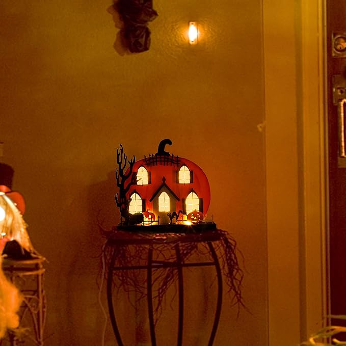 Lulu Home Halloween Tabletop Decoration, Wooden Lighted Pumpkin House Decoration Ornaments, Battery Operated Halloween Sign Indoor Fireplace Desk Kitchen Table Ornament, 9 x 9 x 2.1 INCH-Ruum Studio Home