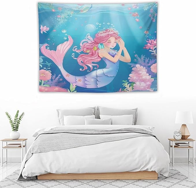 HZOHNAGO Mermaid Girls Tapestry Watercolor Flowers Mermaid Princess Blessing Pattern for Kids Room Decoration Printed Wall Tapestry Wall Hanging for Bedroom Living Room Dorm 40" W x 30" H-Ruum Studio Home