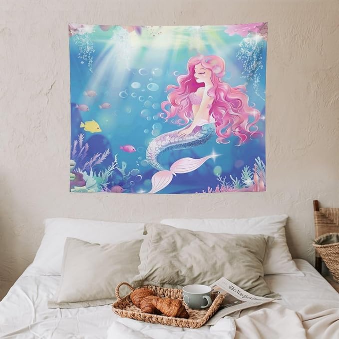HZOHNAGO Mermaid Girls Tapestry Watercolor Mermaid Princess Pink Hair Pattern for Kids Room Decoration Printed Wall Tapestry Wall Hanging for Bedroom Living Room Dorm 60" W x 50" H-Ruum Studio Home