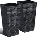 Worth Garden 2-Pack Black Tall Planter - Plastic Square Tapered Tree Plant Pots for Indoor Outdoor - 22" H - Modern Wavy Finish Decorative Flower Pots for Front Porch Containers Patio Deck-Ruum Studio Home