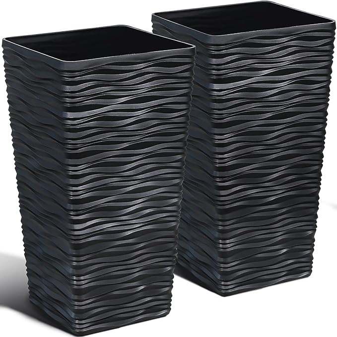 Worth Garden 2-Pack Black Tall Planter - Plastic Square Tapered Tree Plant Pots for Indoor Outdoor - 22" H - Modern Wavy Finish Decorative Flower Pots for Front Porch Containers Patio Deck-Ruum Studio Home