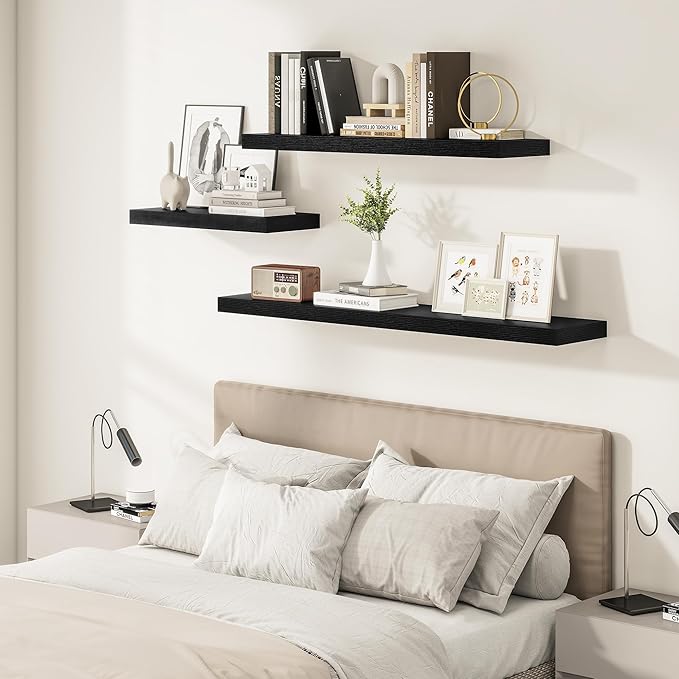 Black Floating Shelves for Wall 24 Inches Long, 12" Deep Wall Shelves 2" Thick, Heavy Duty Shelf for Bedroom, Bathroom, Living Room, Kitchen, Office, Home Decor, Modern Shelf Set of 2, 24" X 12" X 2"-Ruum Studio Home