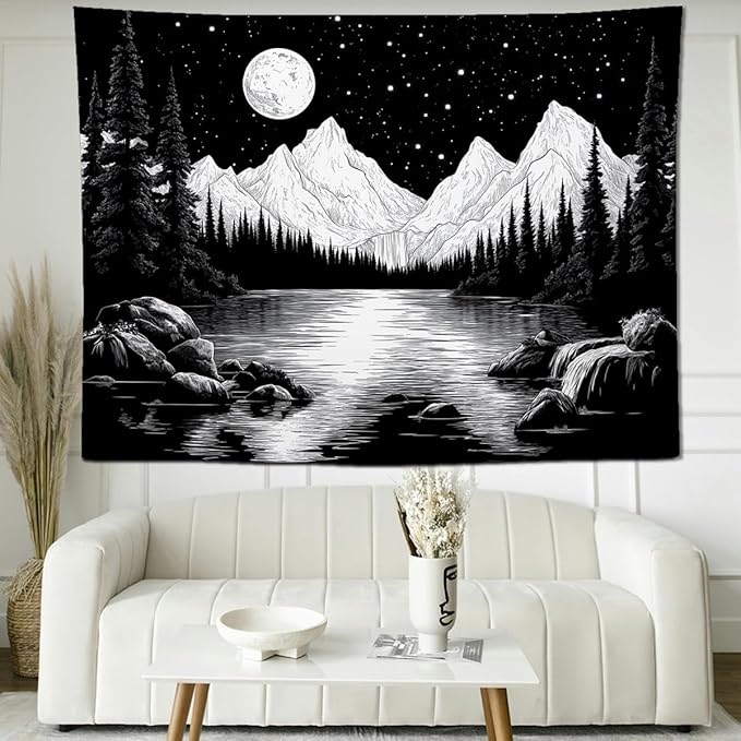 keowhsf Starry Night Mountain Lake Tapestry Black and White Tapestries Aesthetic Moon and Stars Wall Hanging Dark Nature Forest Tapestry for Bedroom Living Room Dorm Decor-Ruum Studio Home