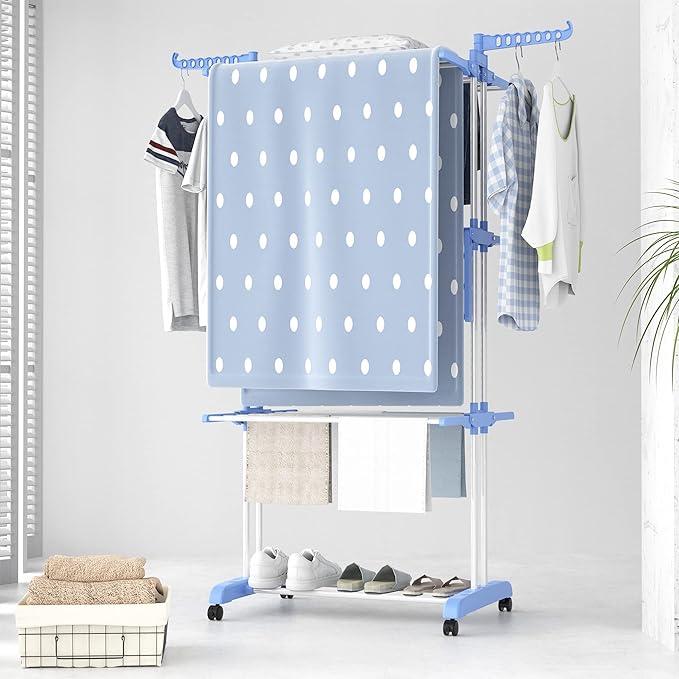 HOMIDEC Clothes Drying Rack, Large 4-Tier Foldable Drying Rack Clothing(67.7H x 19.7W x 30L Inches), Movable Drying Rack with 4 castors. Multifunctional Stainless Steel Laundry Drying Rack, Blue-Ruum Studio Home