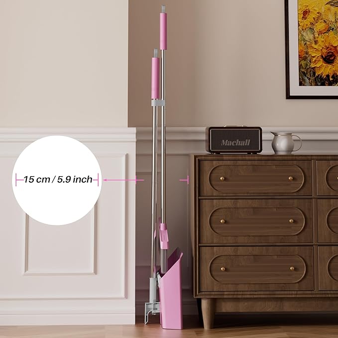 JOYMOOP Pink Broom and Dustpan Set with 56” Handle, Upright Angle with Built-in Comb Teeth for Hardwood Floors and Pet Hair-Ruum Studio Home