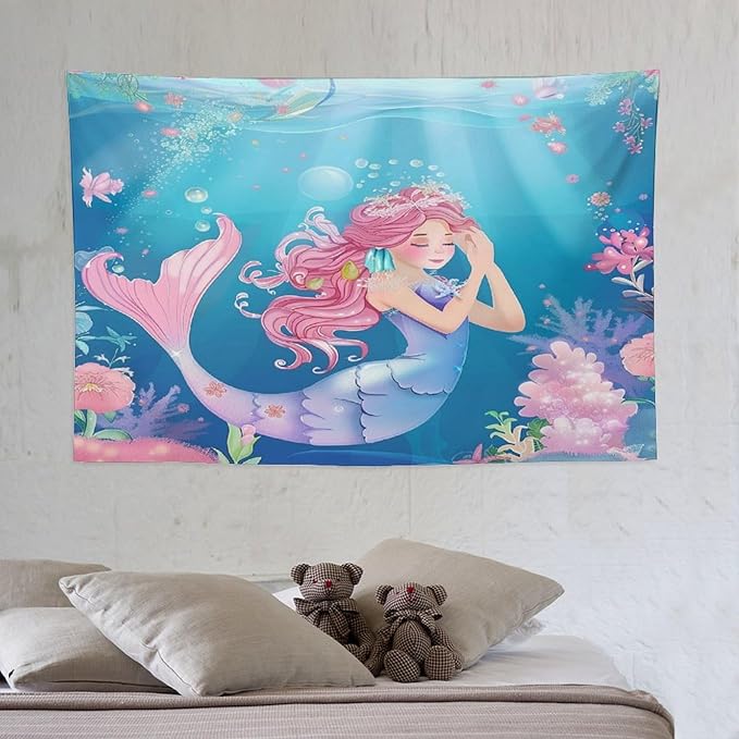 HZOHNAGO Mermaid Girls Tapestry Watercolor Flowers Mermaid Princess Blessing Pattern for Kids Room Decoration Printed Wall Tapestry Wall Hanging for Bedroom Living Room Dorm 60" W x 40" H-Ruum Studio Home