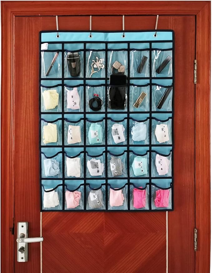 Classroom Pocket Chart for Phone Calculator Holder Over The Door Hanging Closet Jewelry Organizer with 30 Clear Pockets (Blue)-Ruum Studio Home