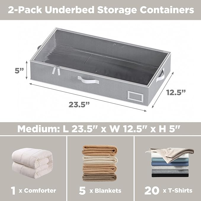 Under Bed Storage Containers, 2-Pack Underbed Storage Box, Collapsible Clothes Storage Bins with Handles and Lid, Large Under Bed Organizers for Shoe, Blanket, Toy, Pillow, Sheet, Gray-Ruum Studio Home
