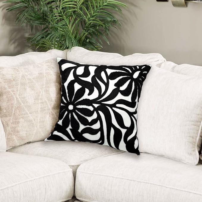 Alysheer Farmhouse Floral Leaves Embroidered Decorative Throw Pillow Cover 18x18 inches, Boho Tufted Flowers Embroidery Pattern Chic Cotton Cushion Case for Couch Bed Sofa Living Room(Black)-Ruum Studio Home