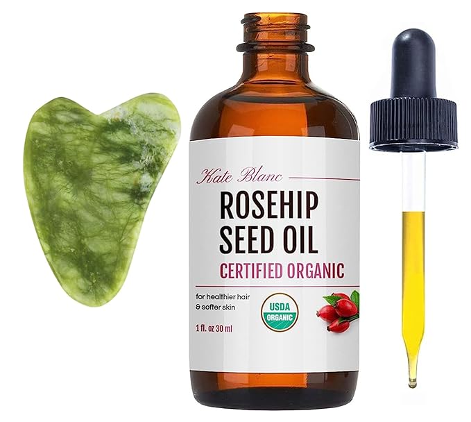 Kate Blanc Cosmetics Rosehip Oil for Face with Jade Gua Sha Stone (1oz, Organic, Pure, Cold Pressed) Rosehip Seed Face Oil for Gua Sha Massage-Ruum Studio Home