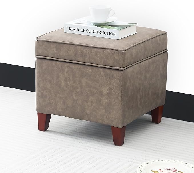 Adeco 17.5" Square Faux Leather Ottoman with Storage - Upholstered PU Foot Rest - Flip Top Footstool with Sturdy Wood Legs, Small Cube Coffee Table Extra Seat for Living Room, Bedroom, Coffee Brown-Ruum Studio Home