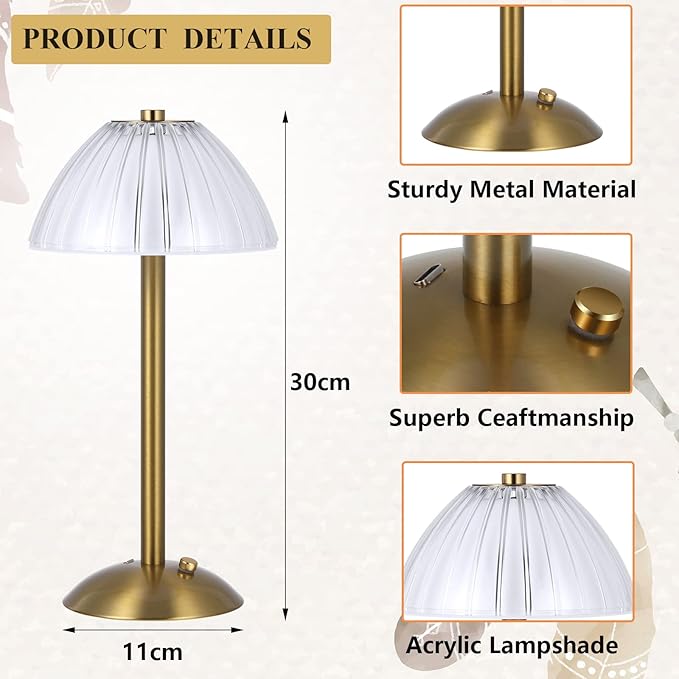 Liliful 1 Pcs LED Portable Cordless Table Lamp Touch Battery Operated Rechargeable Desk Lamp 3 Color Dimmable for Bedroom Living Room Dining (Mushroom Style,Gold)-Ruum Studio Home