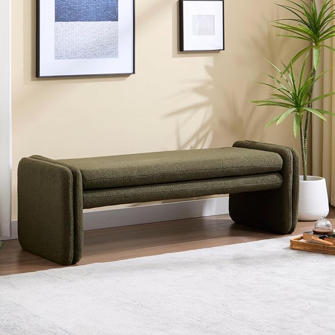 Green Boucle Bench 50" Sherpa End of Bed Bench Modern Upholstered Bench for Bedroom Entryway Living Room Vanity Makeup Room, Teddy Fabric Bench with Seating-Ruum Studio Home