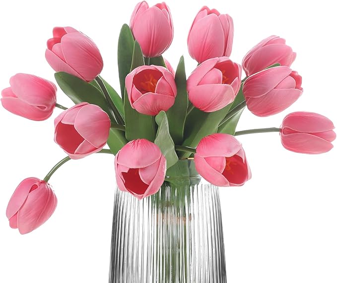 Pink Artificial Tulips, 2 Bundles 14Pcs, Fake Tulips Artificial Flowers, 2 x 2.4 Inch Large Flower Head Big Tulip, Easter Valentine's Day Mother's Day Home Decoration Flowers-Ruum Studio Home