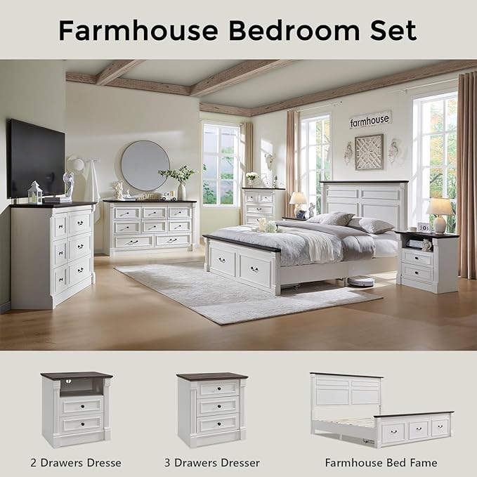 26" Tall Farmhouse Nightstand, 2 Drawers End Table w/Charging Station, 23.6" Wide Large Side Table w/Roman Column, Wood Rustic Sofa Table w/Open Shelf, Bedside Table for Bedroom, White-Ruum Studio Home