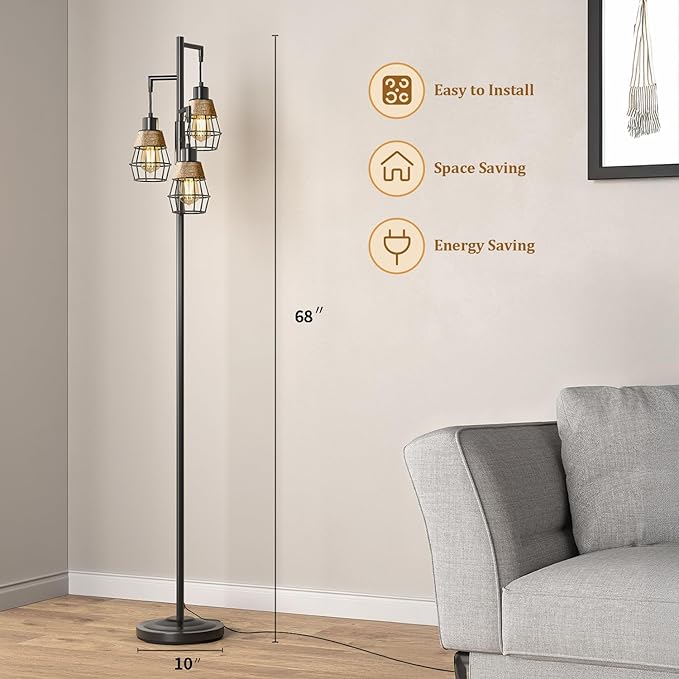 Oneach 68" Floor Lamps for Living Room, Stepless Dimmable Boho Floor Lamp with 3 Bulbs, Tall Farmhouse Industrial Corner Standing Tree Lamp for Bedroom, Office, Study Room, Dining Room, Black-Ruum Studio Home