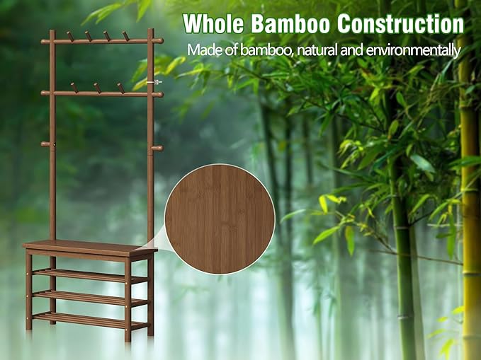 Bamboo Hall Tree with 13 Hook, 6-in-1 Entryway Bench with Coat Rack Freestanding, Coat Rack with Shoe Storage Bench Organizer for Mudroom, Bedroom, All-in-One Shoe Rack,Walnut-Ruum Studio Home
