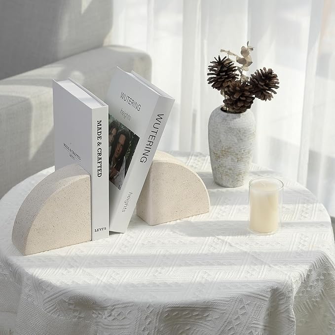 Marble Bookend for Shelves, Non-Skid Bookends for Heavy Books, Heavy Duty Book Stopper for CDs, Luxury Book Shelf Holder, Quarter Circle Design Book Ends Decorative, Moleanos Beige, Set of 2-Ruum Studio Home