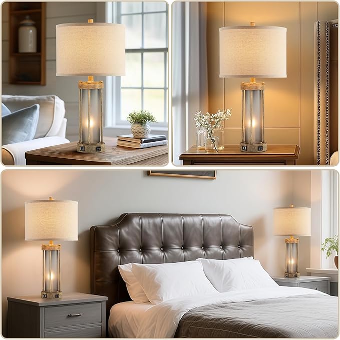 Farmhouse Table Lamps Set of 2 for Living Room, Vintage Bedroom Nightstand Lamp with Dual USB Ports, Bedside Lamp with Frosted Glass Nightlight for End Table Entryway, 4 Bulbs Included (Earthy Gray)-Ruum Studio Home