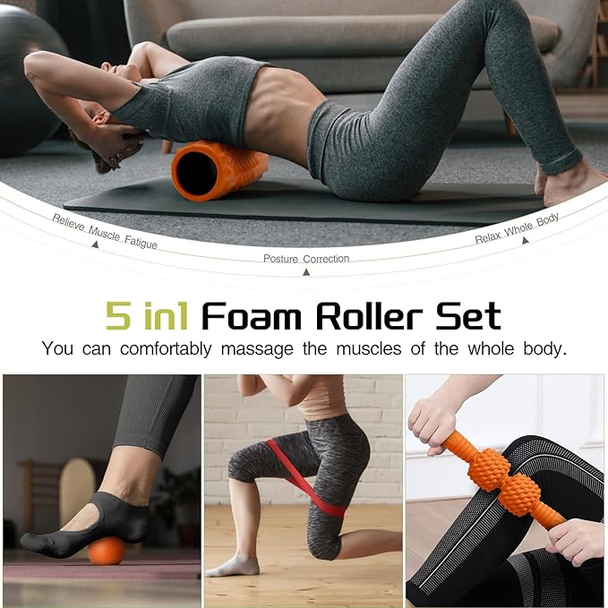 5-in-1 Foam Roller Set, Massage Roller Stick, Massage Ball, Resistance Band for Deep Muscle Massage, Trigger Point Release, Pilates, Yoga (Orange)-Ruum Studio Home
