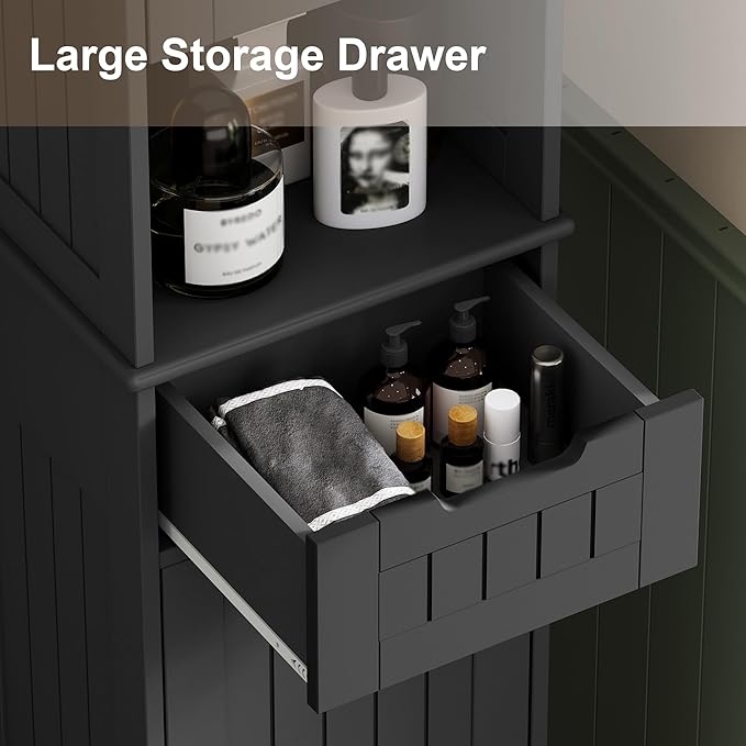 ChooChoo 67" Tall Bathroom Storage Cabinet Freestanding with Adjustable Shelves, Narrow Storage Linen Cabinet with 2 Doors and 1 Drawers for Bathroom, Living Room, Kitchen, Black-Ruum Studio Home