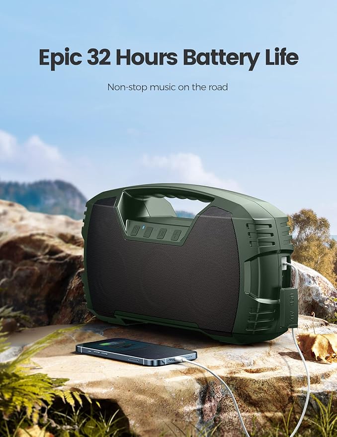 IPX7 Waterproof Bluetooth Speaker, 40W (60W Peak) Portable Wireless Speakers, 32H Playtime, Stereo Loud Sound, Deep Bass, Bluetooth 5.0, Built-in Mic for Camping, Party, Outdoor, Gifts, Beach-Green-Ruum Studio Home