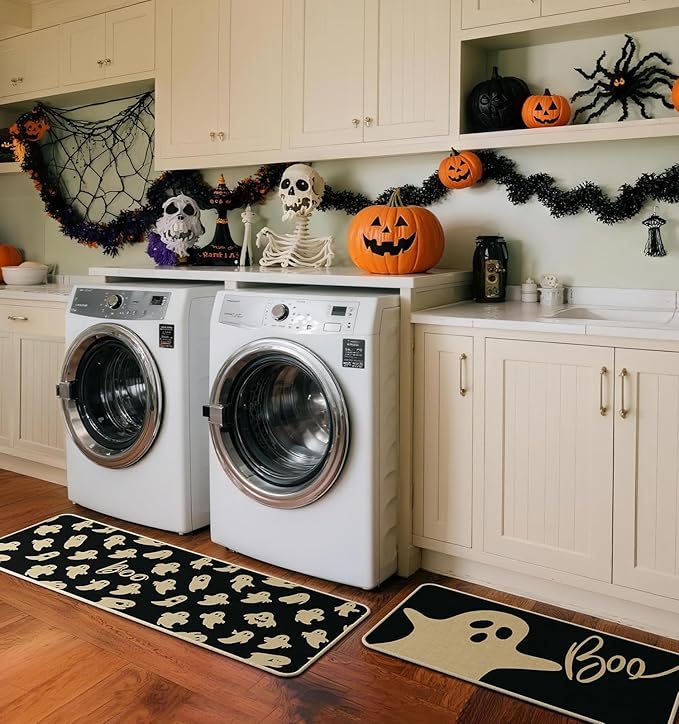 Halloween Kitchen Mat Set of 2, Ghosts Boo Halloween Kitchen Decor, Halloween Rug for Floor, Indoor Spooky Home Decor with Non-Slip Backing,17 x 29 Inch & 17 x 47 Inch-Ruum Studio Home