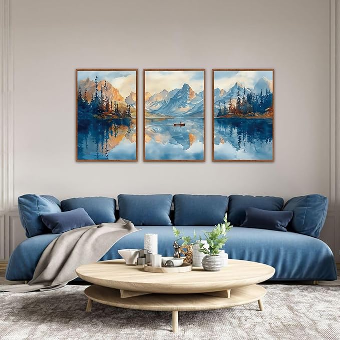 KAIRNE Framed Large Landscape Wall Art,Abstract Forest Prints Paintings,Watercolor Blue Mountain Lake Canvas,Nature Scenery Textured Artwork for Living Room Bedroom Home Office Gallery Decor,16”X24”-Ruum Studio Home