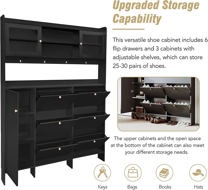 Ball & Cast Tipping Bucket 3-Tier Shoe Cabinet with 6 Flip Drawers and Storage Shelf,Entryway Hall Tree with Tempered Glass Doors and 4 Hooks,for Hallway,Mudroom,Living Room,Black-Ruum Studio Home