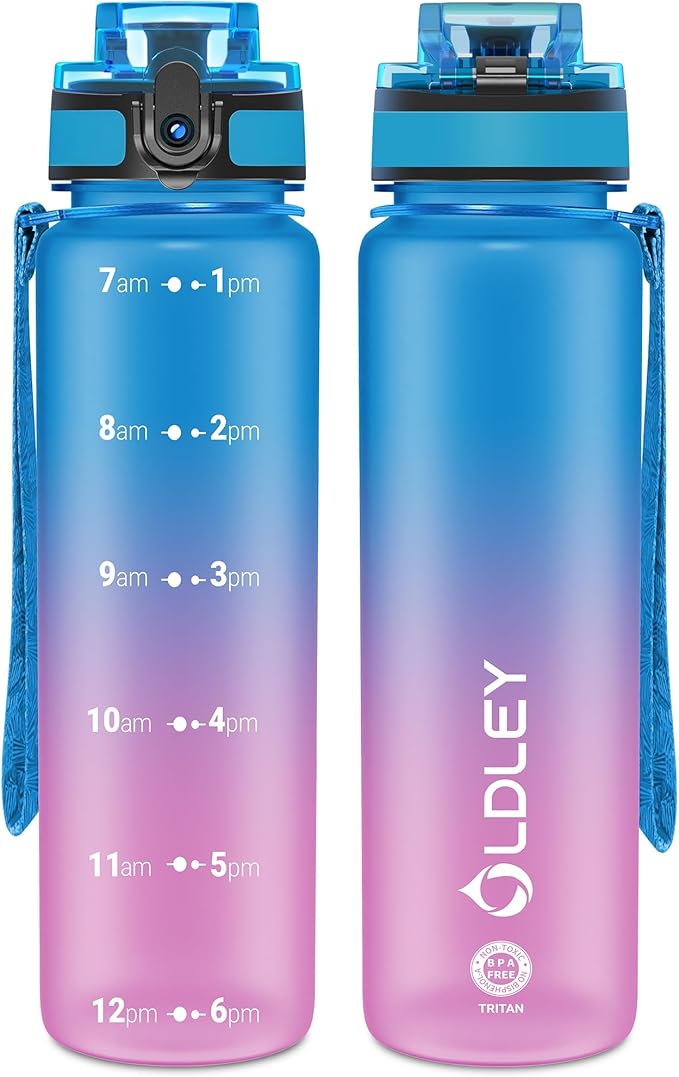 OLDLEY 32 oz Water Bottle, Motivational Water Bottle with Time Marker, Sports Water Bottle With Strap, Leakproof & BPA Free Large Water Bottles for School, Gym, Travel, Outdoor, Tritan,Blue&Purple-Ruum Studio Home
