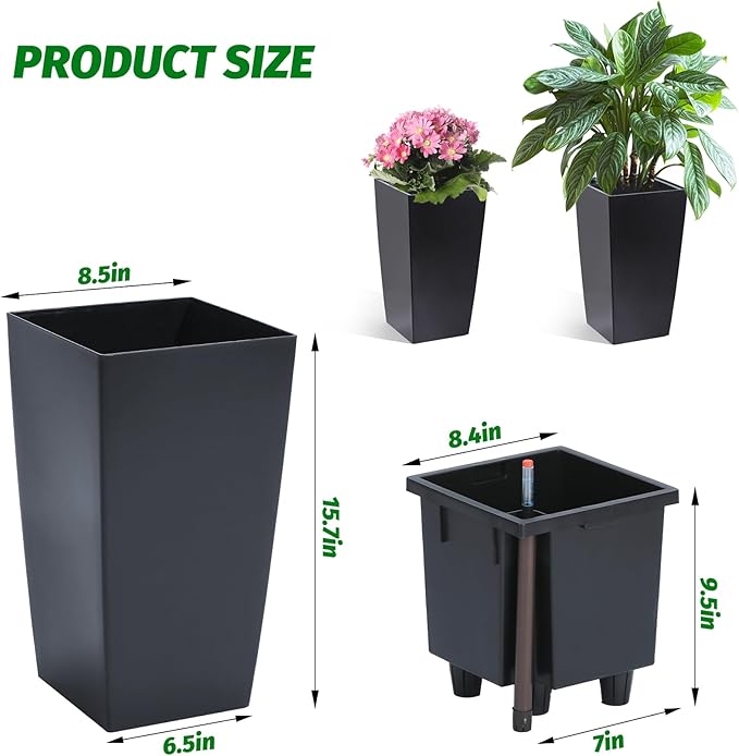 16" Tall Planters Set of 2, Outdoor＆Indoor Black Planter Pots, High Front Porch Planter Pots with Drainage Holes＆Water Level Monitor＆Inner Bucket, Automatic Watering,Black-Ruum Studio Home