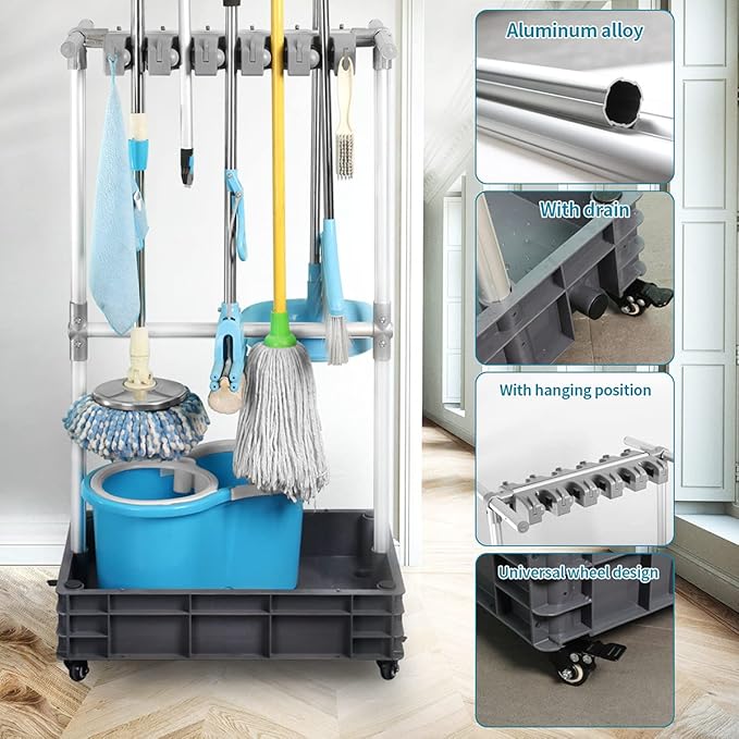 Broom And Mop Holder Put Wet Mops Movable Floor-Mounted Mop Rack Floor Standing Cleaning Tool Cart Storage For Garden Garage Schools, Hospitals, Factories, Hotels,Property Companies (12racks)-Ruum Studio Home