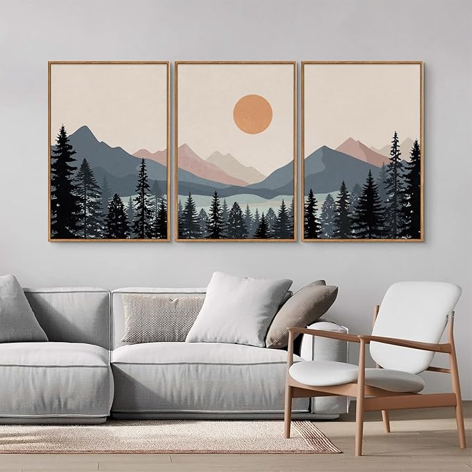 Tinonedraw Boho Mountain Framed Canvas Wall Art Set of 3, Watercolor Nature Landscape Art Prints, Modern Sunrise Art Paintings, Black Pines Tree Forest Wall Decor for Living Room Bedroom Office 16"x24"x3-Ruum Studio Home