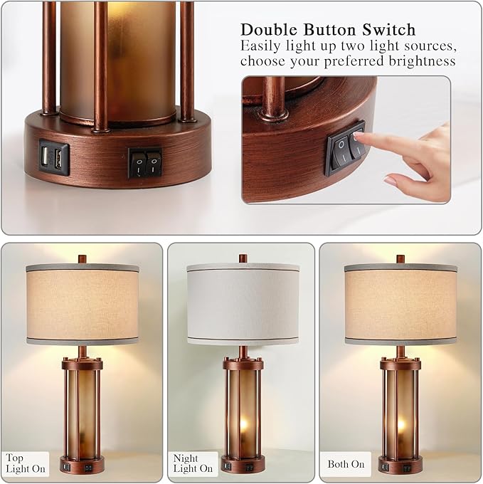 Set of 2 Farmhouse Table Lamps for Living Room, Rustic Bedside Lamps with 2 USB Charging Ports, Bedroom Nightstand Lamp with Amber Frosted Glass Nightlight, 4 Bulbs Includes-Ruum Studio Home