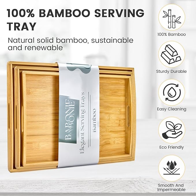Bamboo Serving Tray with Handles Set of 3 - Decorative Wooden Trays for Eating, Working, and Storing, Suitable for Use in Bedroom, Living Room, Kitchen, Bathroom, Outdoor Scenarios and More-Ruum Studio Home
