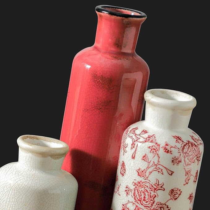 Vintage Vase Set of 3, Ceramic Vintage Flower Vases, Chinoiserie Decorative Home Decor Retro Floral Vase Rustic Farmhouse Decor for Table Bookshelf Mantel Kitchen Living Room Office - Red and White-Ruum Studio Home