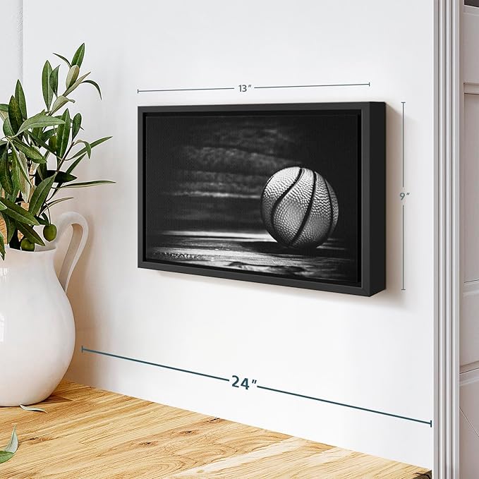 ElephantStock Basketball Wall Art - Horizontal Framed Canvas - 1-Piece Hallway Wall Decor - Photography sports Canvas Print - Black and Gray Decor for Wall - 13" X 9"-Ruum Studio Home